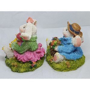 2 Easter Bunny Multicolored Porcelain Rabbit Home Decor Shelf Sitter
